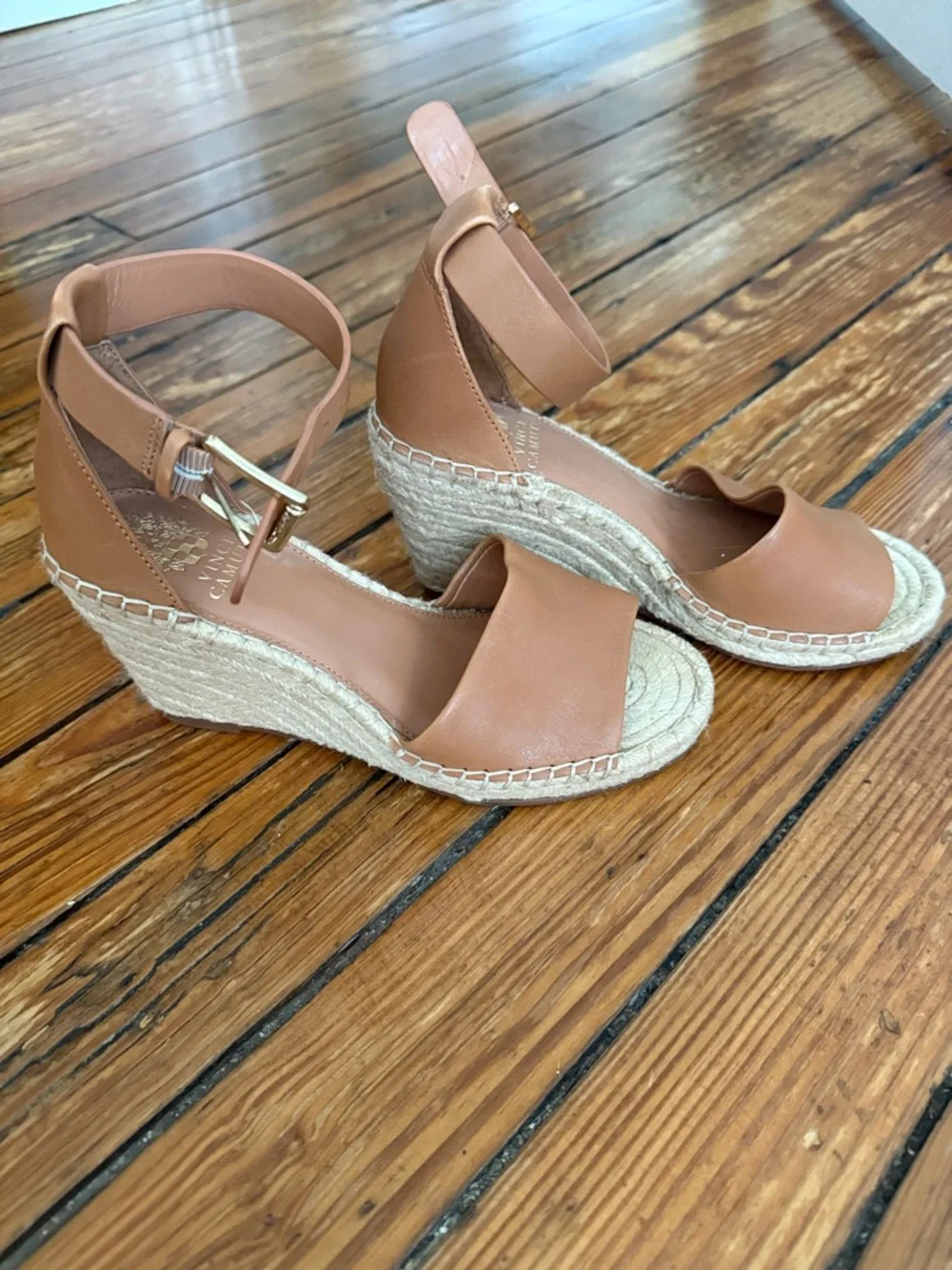 Vince Camuto Cognac Leather Espadrille Wedge Sandals - Picture 3 of 7